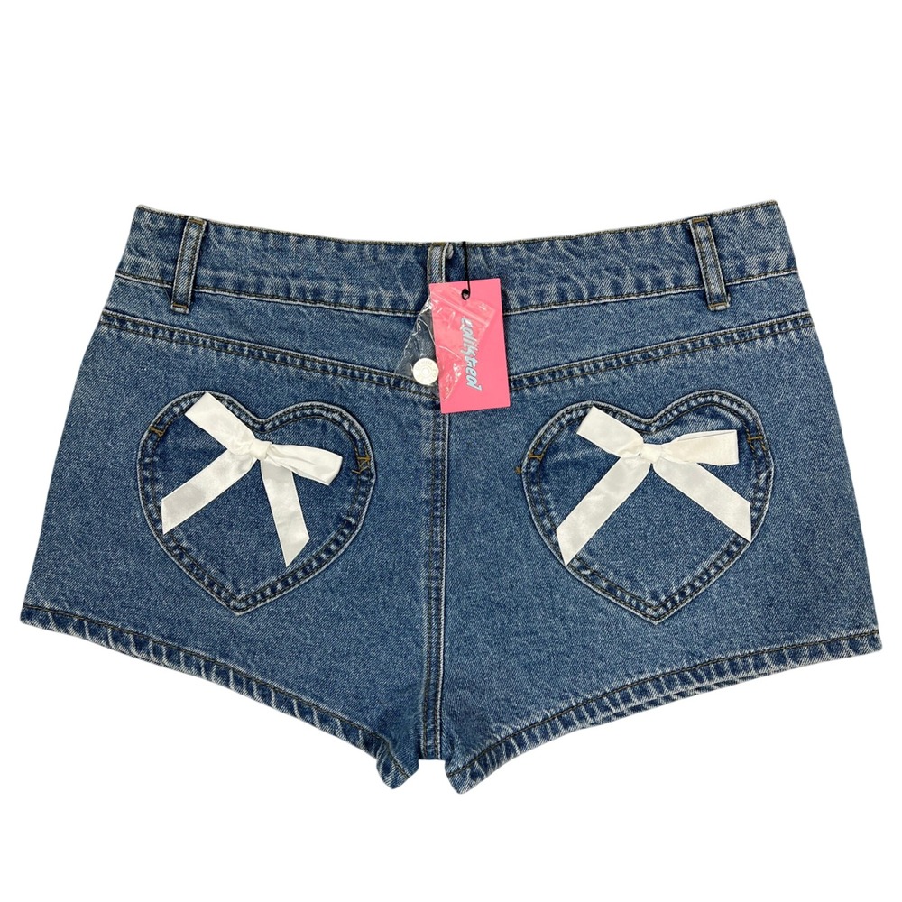 Edikted Denim Shorts Large Blue Heart Back Pockets Bows Coquette Festival Summer